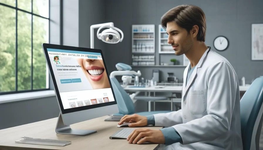 Profissional de odontologia pesquisando no Chat Bot OdontoIA para melhor atendimento